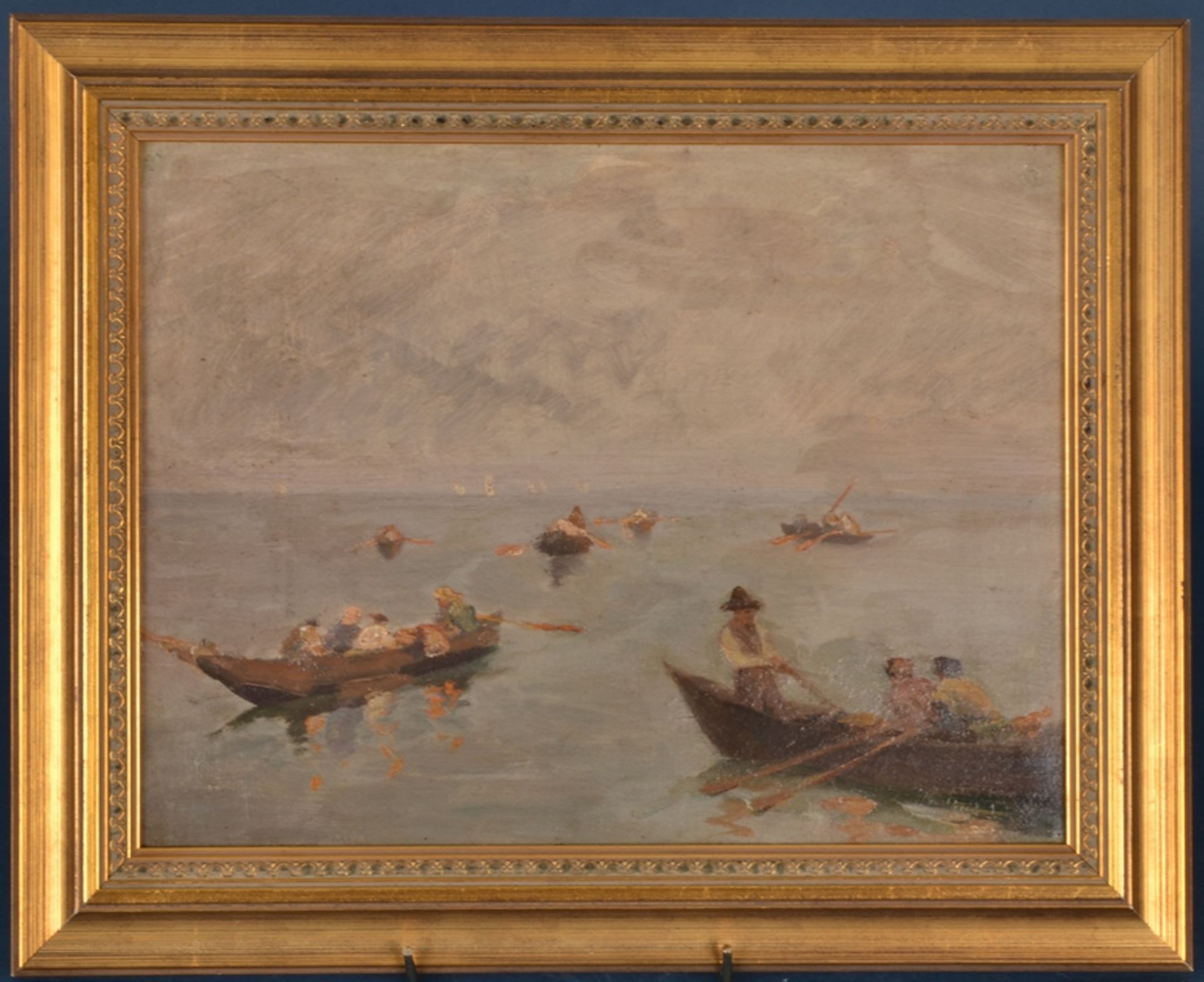"Netzfischer" - kleinformatiges unsigniertes Gemälde, Öl auf Hartfaser/ Karton, ca. 22 x 28,5 cm; 1. - Image 2 of 12