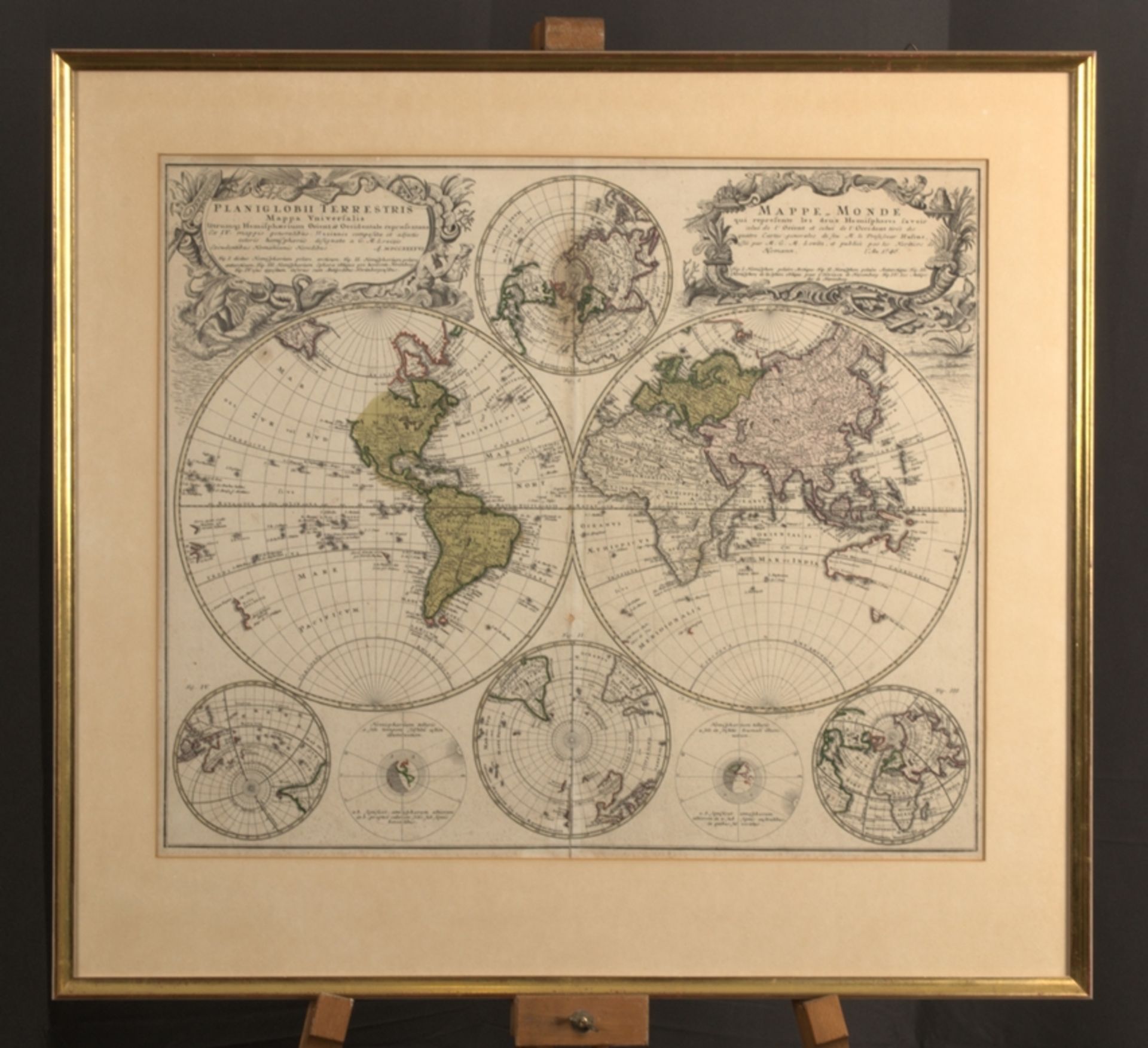 "PLANIGLOBII TERRESTRIS - MAPPE MONDE" - Kolorierte Kupferstichkarte des Johann Baptist Homann,