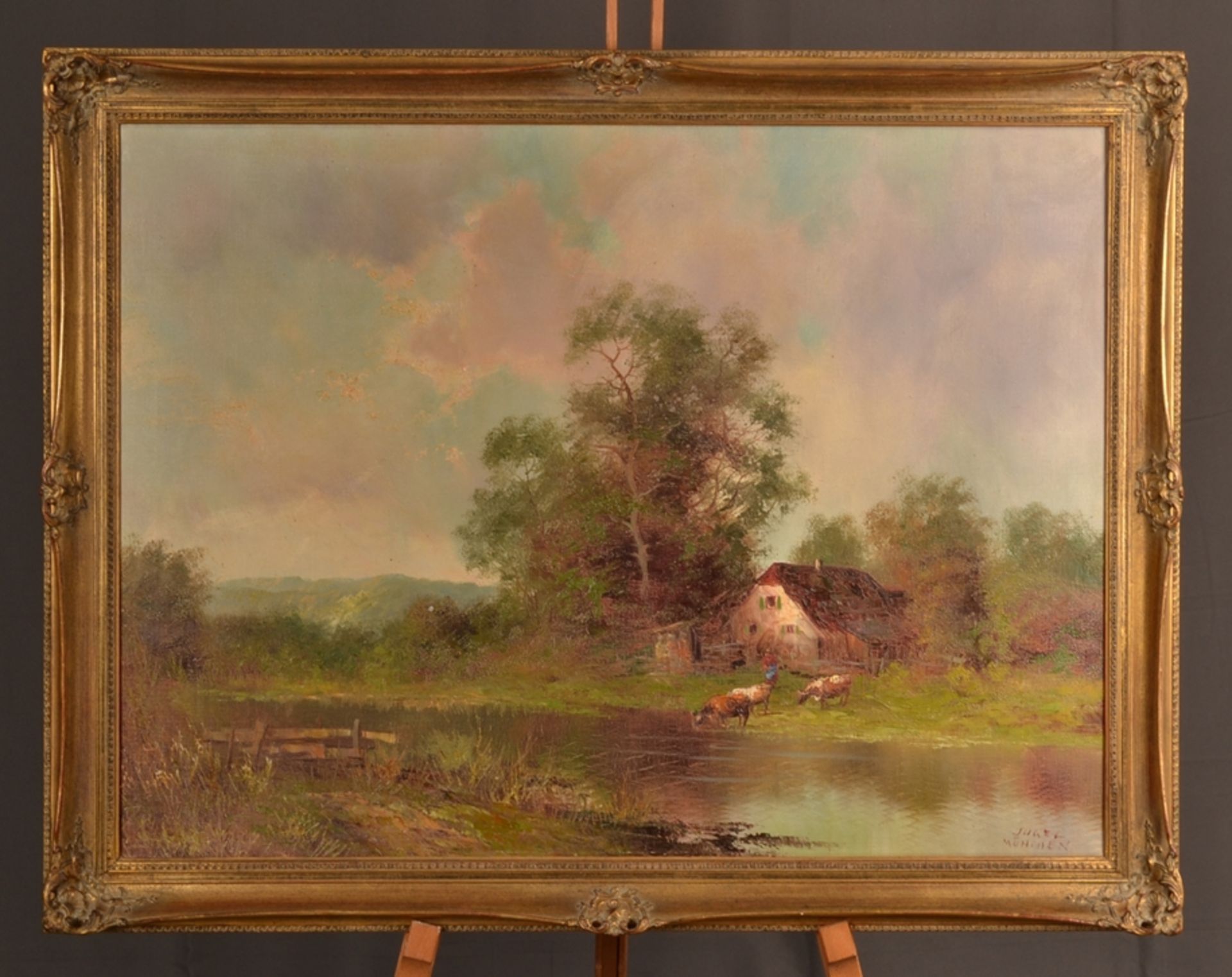 "Bayerischer Wald" (Originaltitel) ,"Landschaft mit bäuerlichem Gehöft". Gemälde, Öl auf Leinwand,