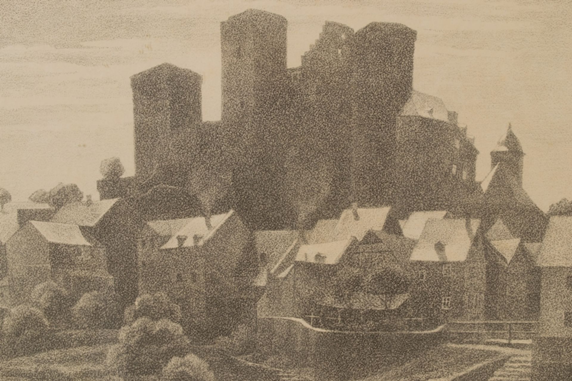 "Burg Runkel an der Lahn". Hinter Glas gerahmte orig. Lithographie von 1931, Platte ca. 27,5 x 36 - Image 2 of 6
