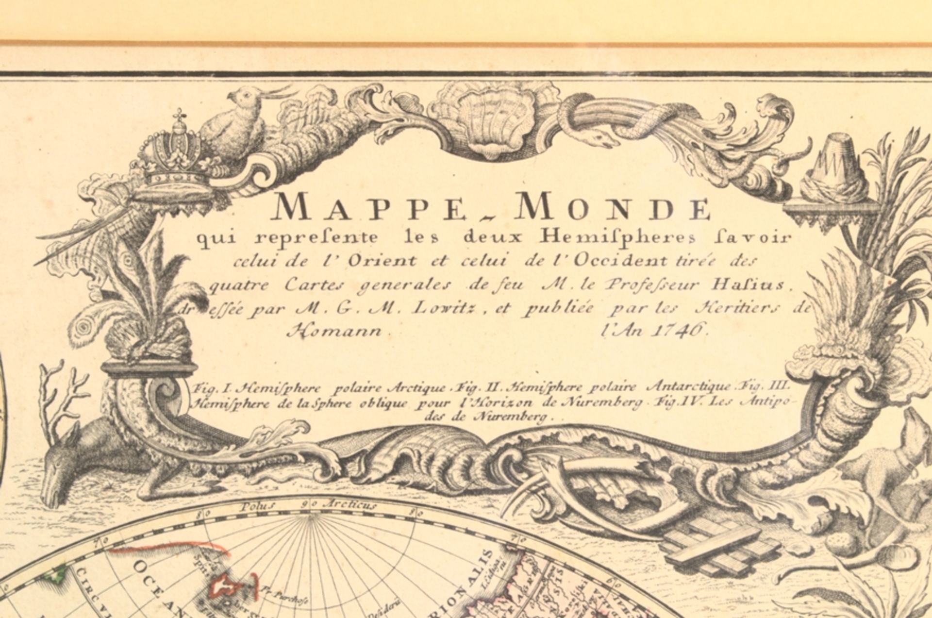 "PLANIGLOBII TERRESTRIS - MAPPE MONDE" - Kolorierte Kupferstichkarte des Johann Baptist Homann, - Image 5 of 8