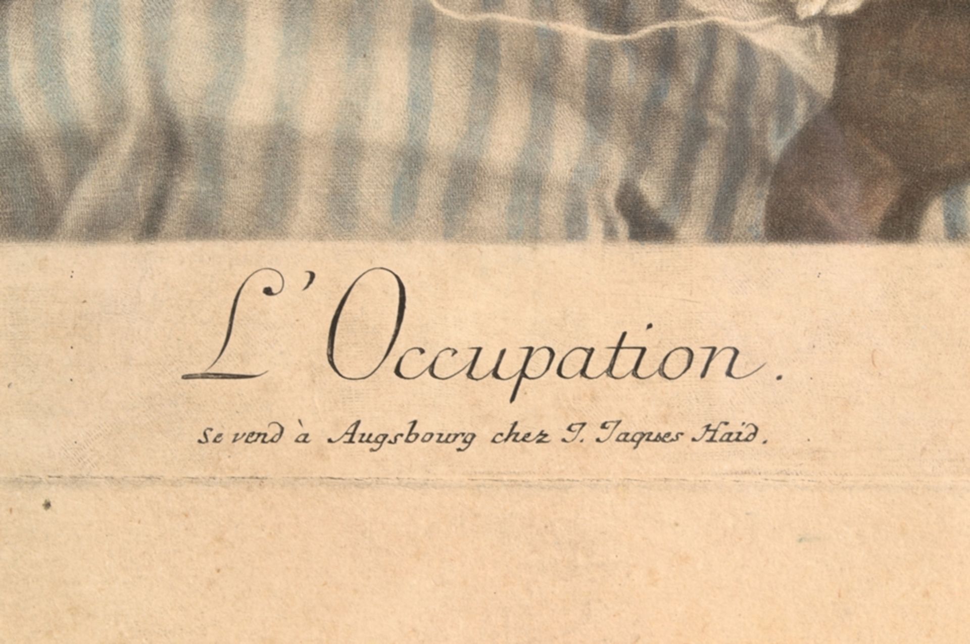 "L`Occupation", hinter Glas gerahmtes koloriertes Schabkunstblatt um 1770, von Johann Elias Haid ( - Image 4 of 10