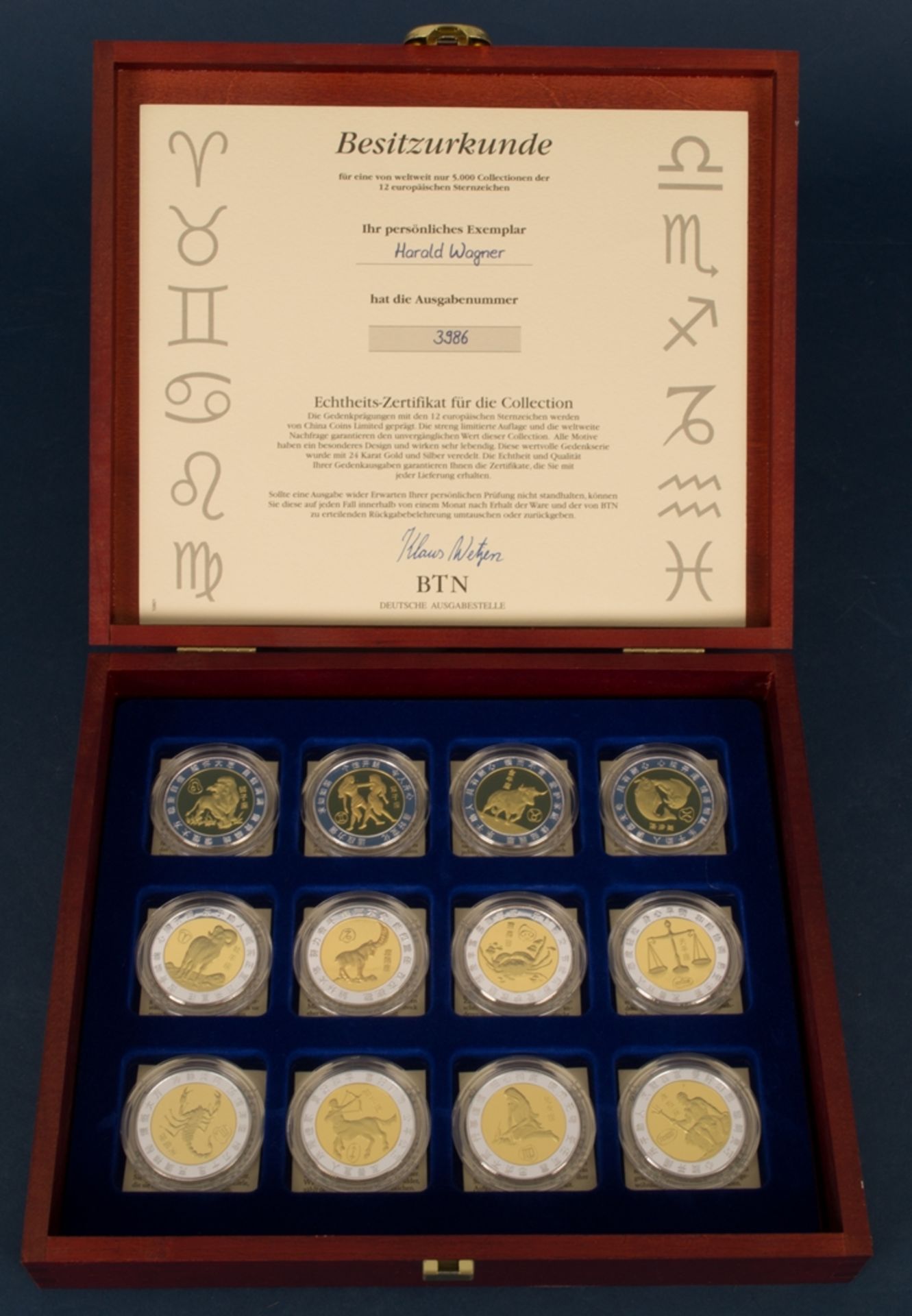 12 Medaillen/Gedenkprägungen der 12 europäischen Sternzeichen, geprägt von "China Coins Limited", in