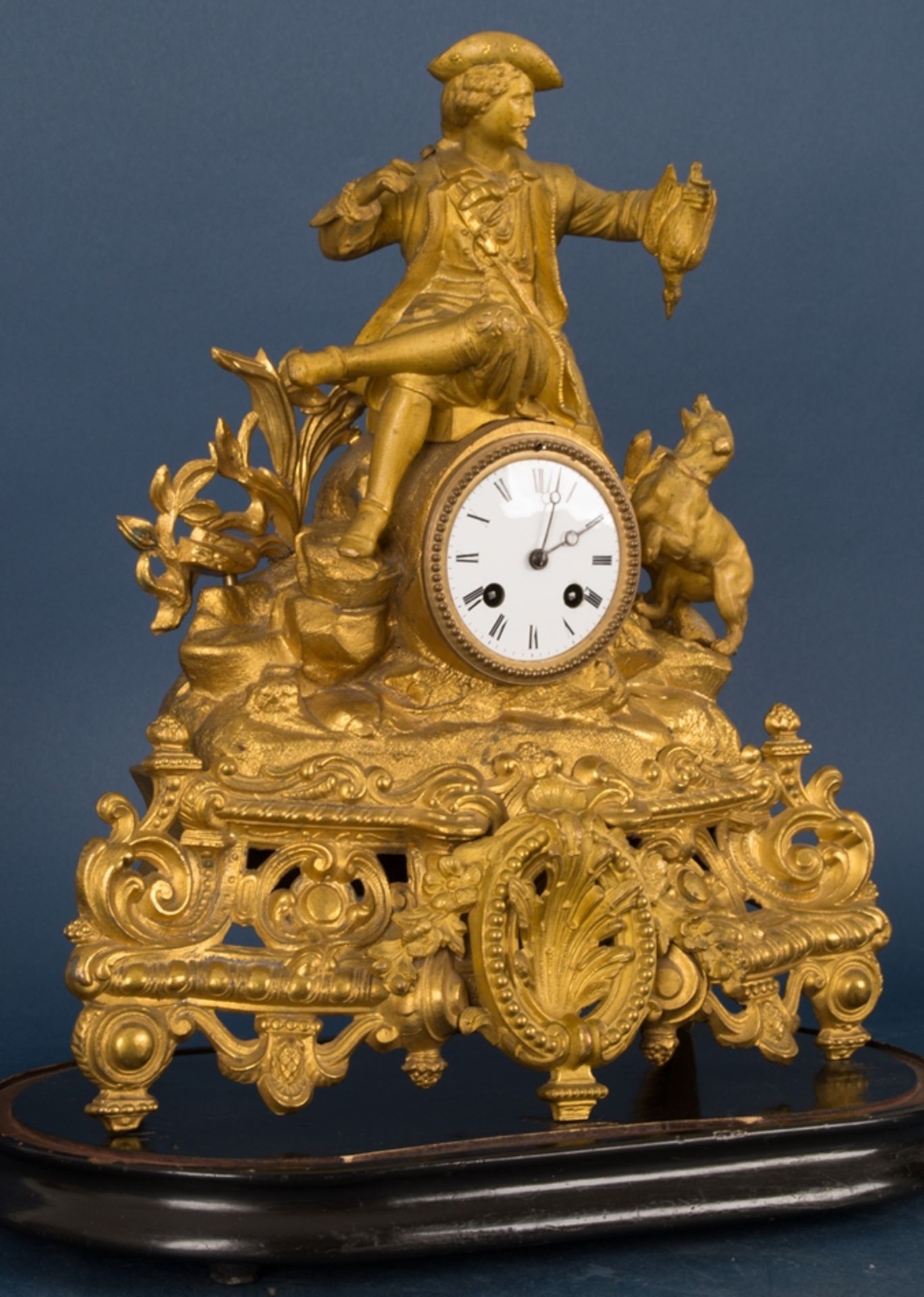 Antike Kaminuhr von Jäger bekrönt, goldbronzierter Metallguss auf ebonisiertem, ovalem Sockel, - Image 2 of 16