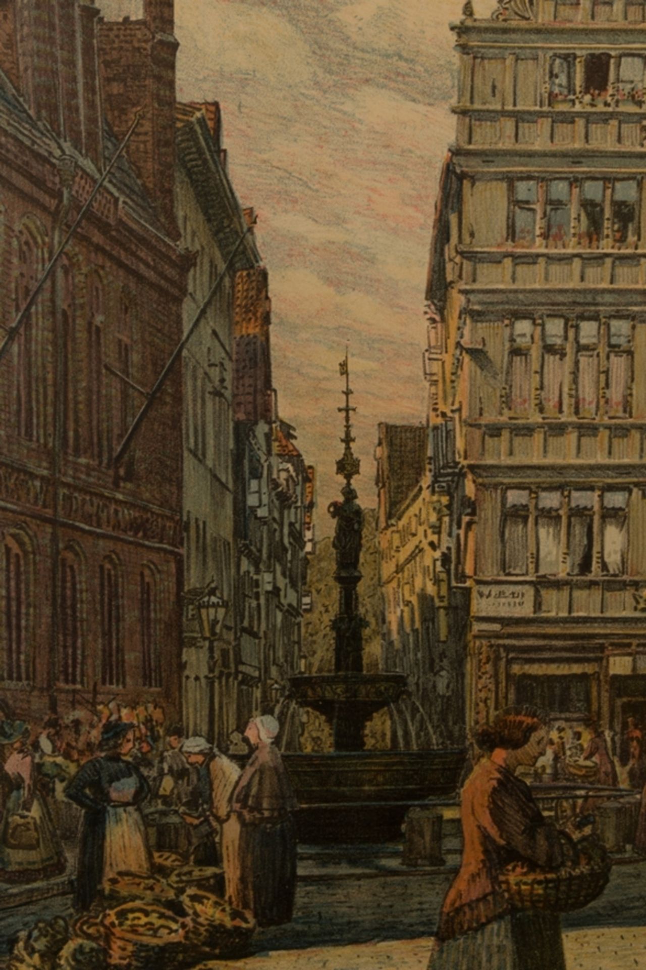 "Marktplatz", hinter Glas gerahmte farbige Steinzeichnung von Richard Schlösser , Hannover 1915. - Image 6 of 7