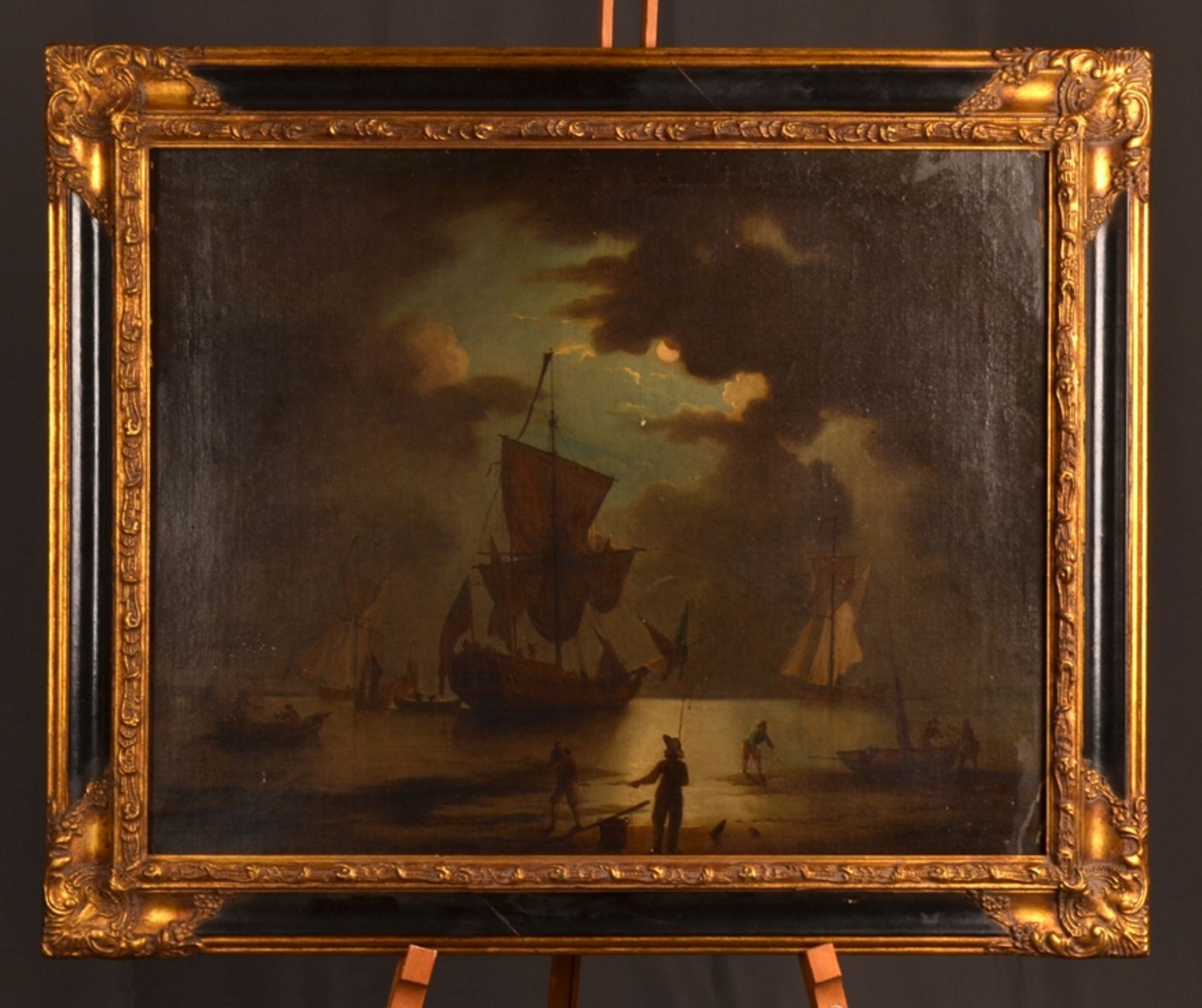 "Vor der Küste" liegendes Segelschiff. Gemälde, Öl auf Leinwand, unsignierte historisierende,