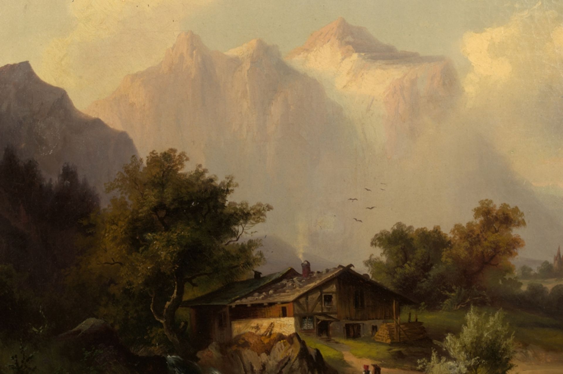 "Bauernhof vor alpiner Bergkulisse". Großformatiges Gemälde um 1870/ 90, unsignierte akademische, - Image 7 of 17