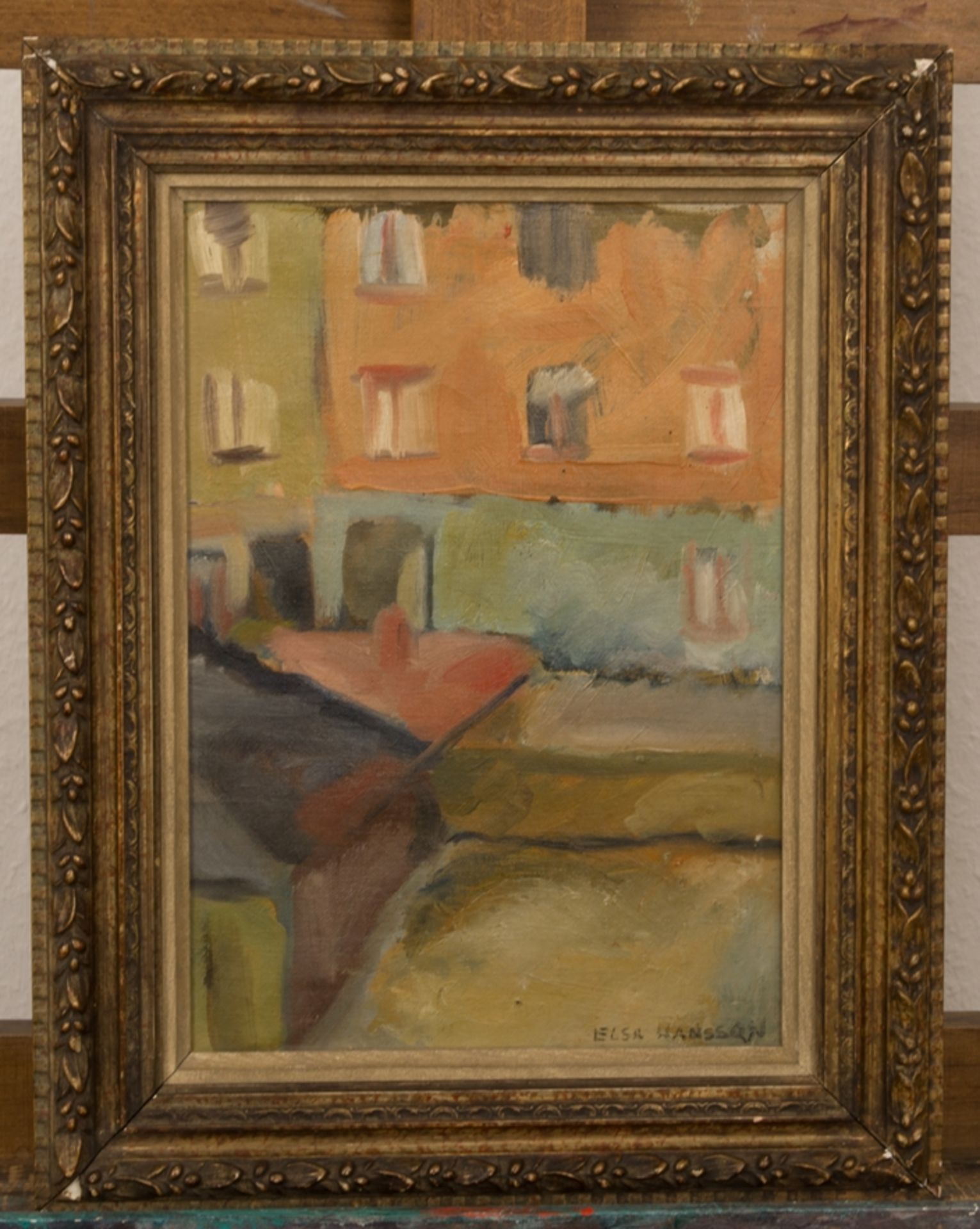 "Häuserdächer + Fassaden". Kleinformatiges Gemälde, Öl auf Leinwand, ca. 32 x 23 cm, der Elsa