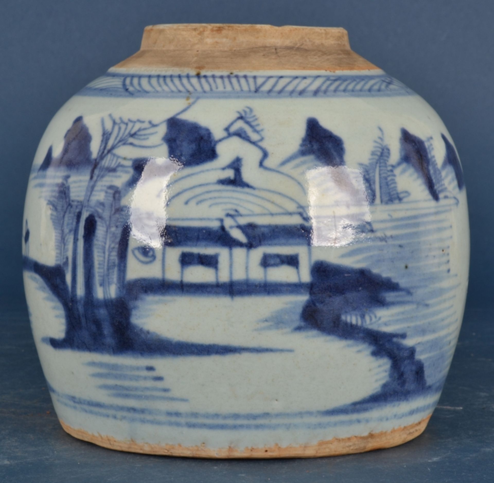 Antiker, chinesischer Ingwer-Jar/Ingwer-Topf. Blau-grauer Landschaftsdekor, alter vom Boden in die - Bild 5 aus 12