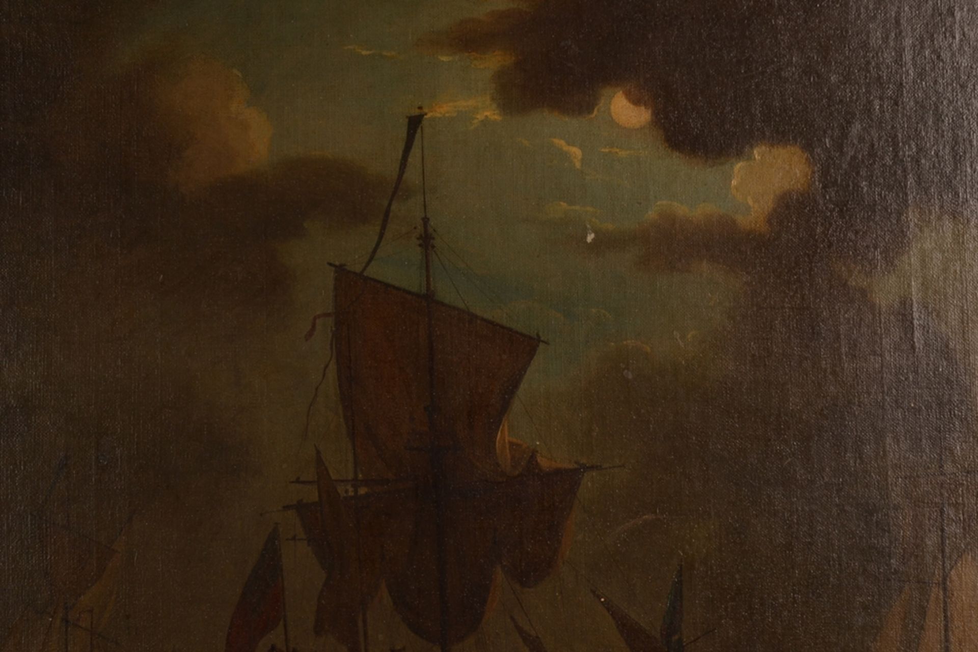 "Vor der Küste" liegendes Segelschiff. Gemälde, Öl auf Leinwand, unsignierte historisierende, - Bild 6 aus 25