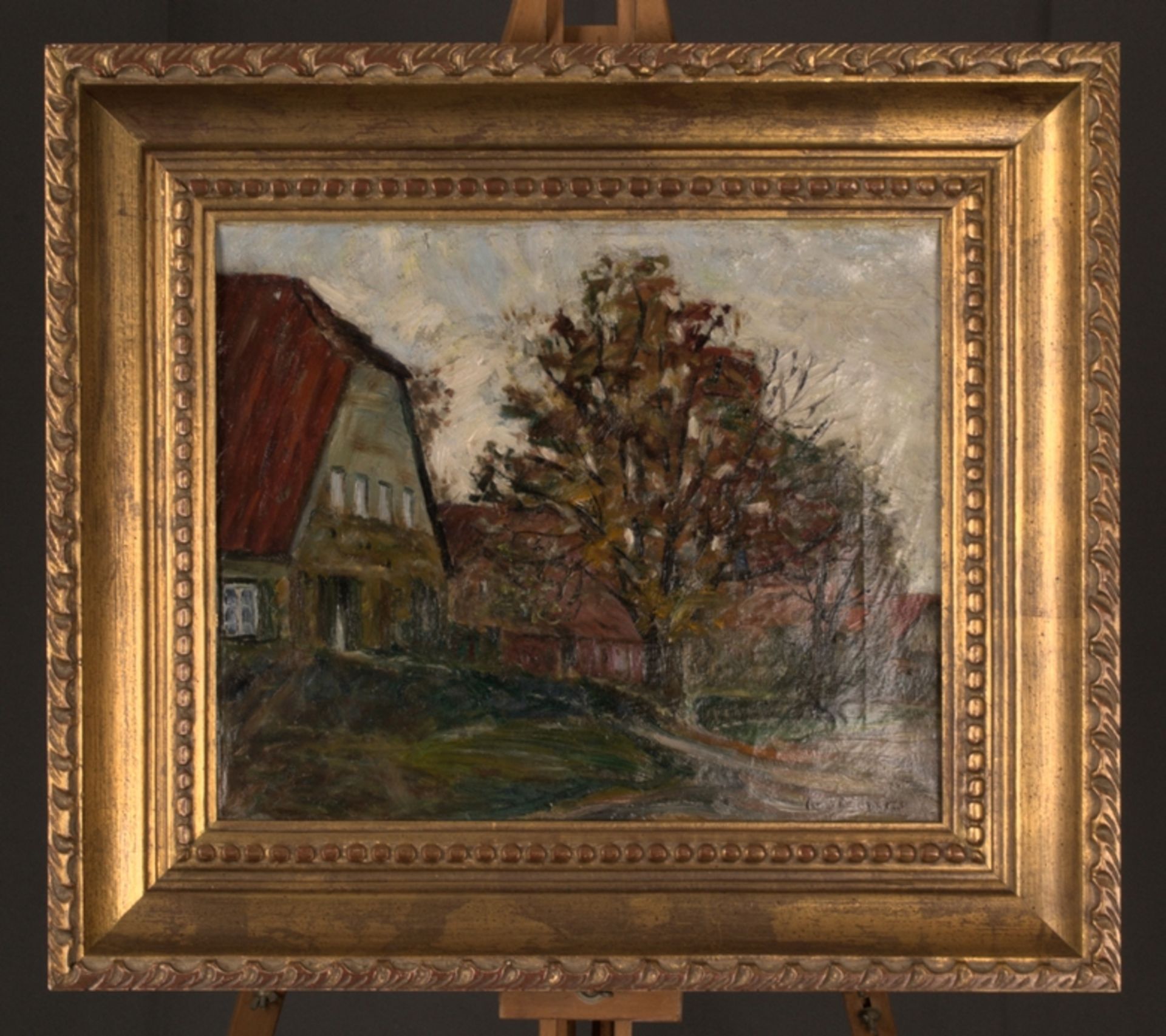 "Häuserzeile" - Gemälde, Öl auf Leinwand, ca. 30 x 36 cm, signiert G. Siemers = Gertrud Siemers (