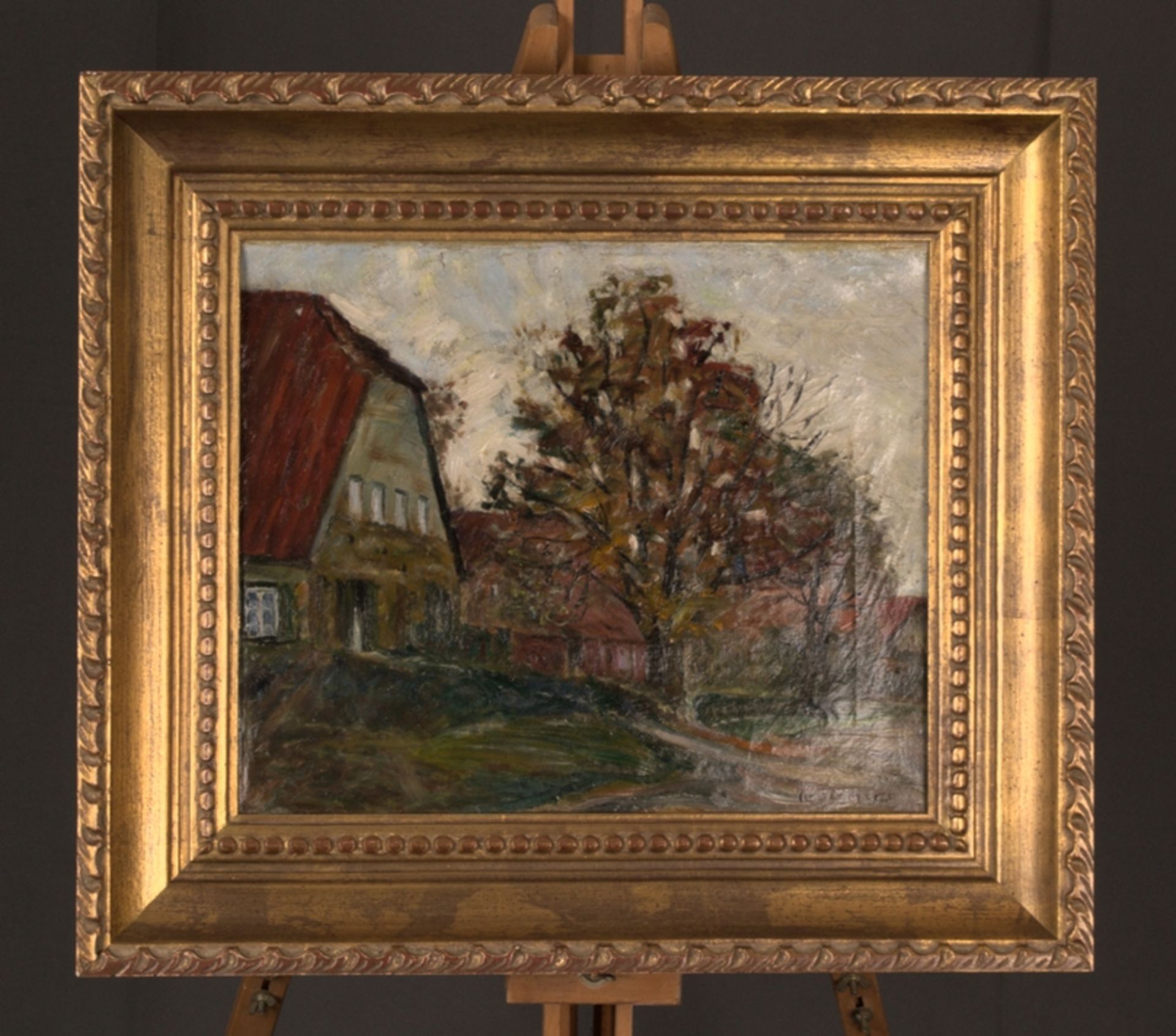 "Häuserzeile" - Gemälde, Öl auf Leinwand, ca. 30 x 36 cm, signiert G. Siemers = Gertrud Siemers ( - Bild 6 aus 7