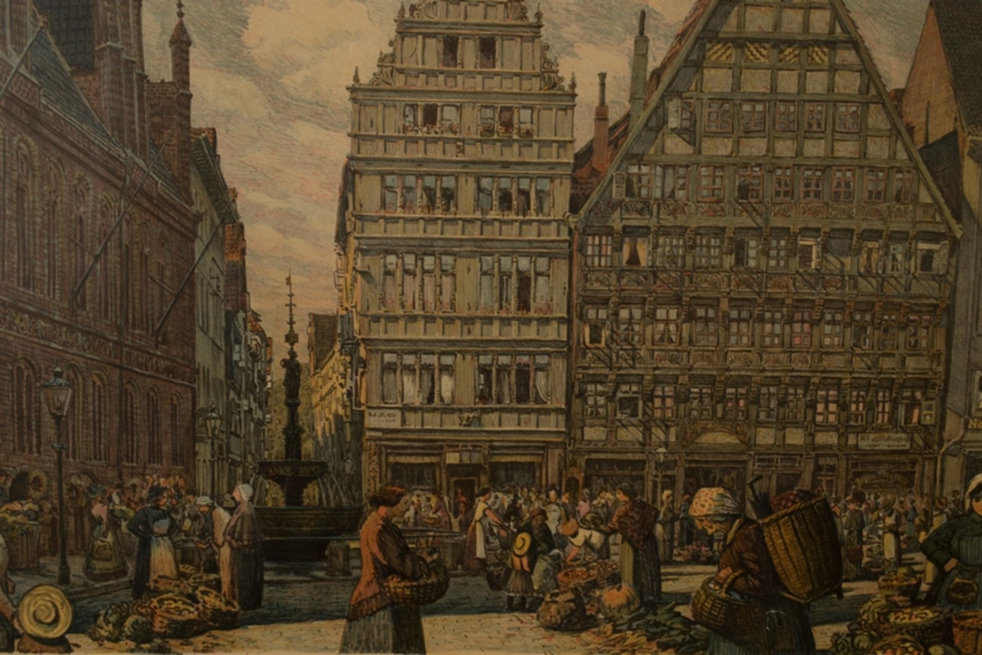 "Marktplatz", hinter Glas gerahmte farbige Steinzeichnung von Richard Schlösser , Hannover 1915. - Image 5 of 7