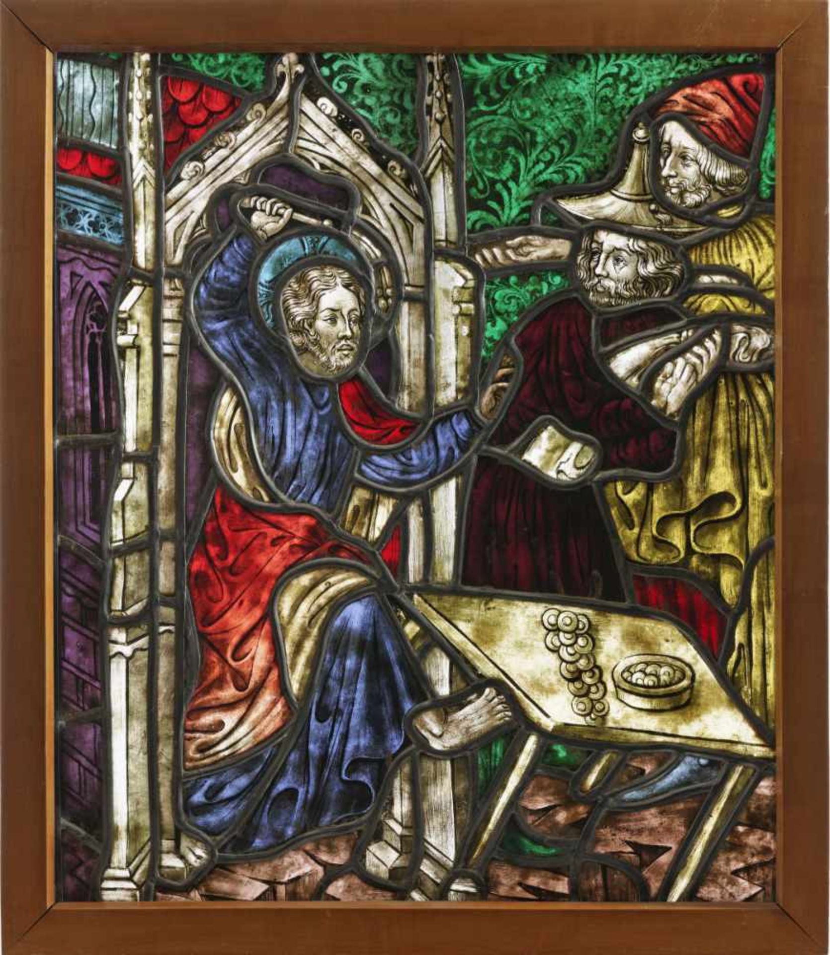 A glass pane, ''Christ and the Money Changers''