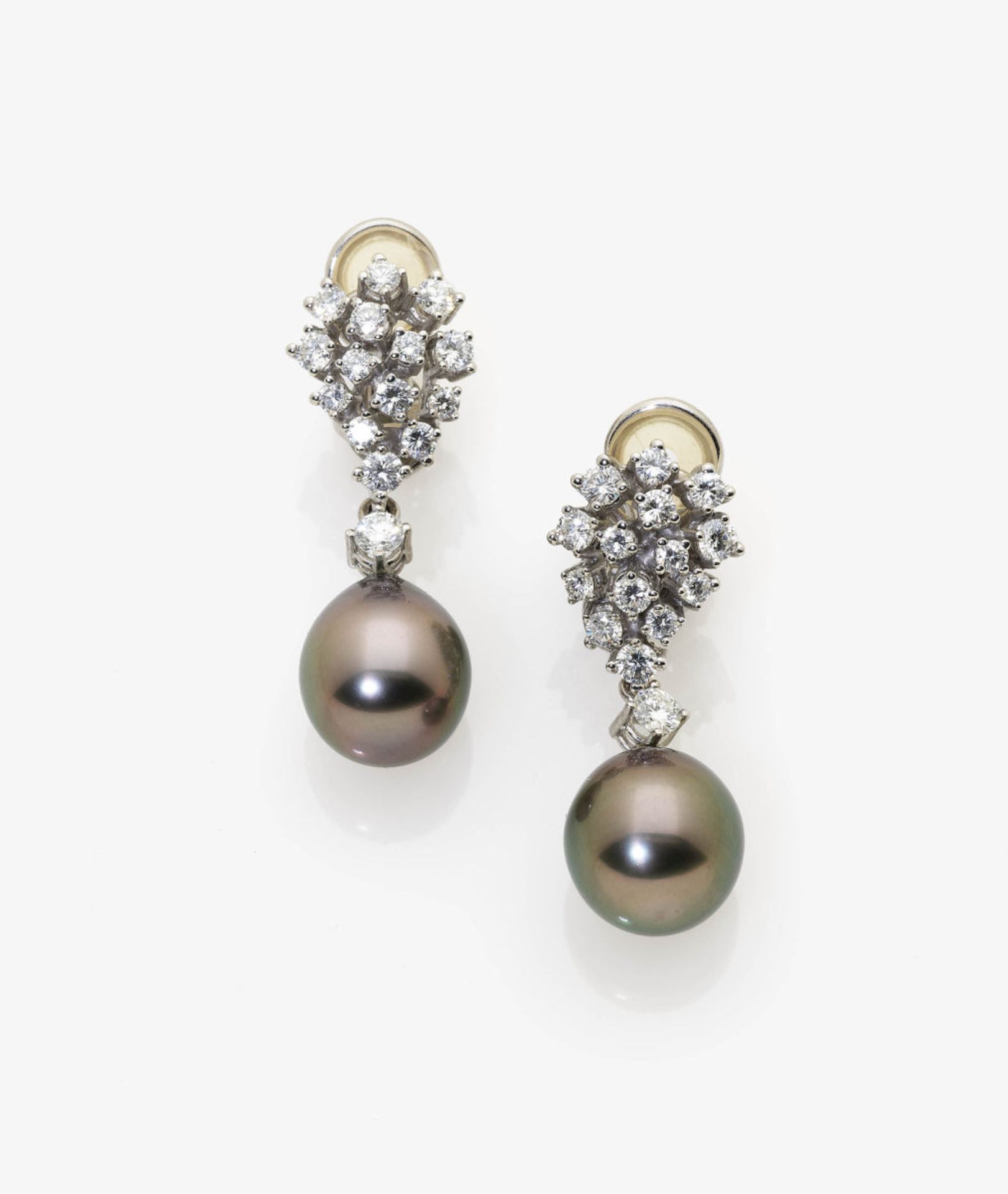 A Pair of Diamond and South-Sea Tahiti Cultured Pearl Earrings