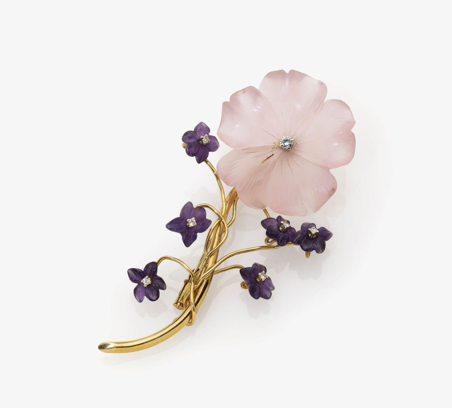 An Amethyst, Rose Quartz and Diamond Floral Brooch