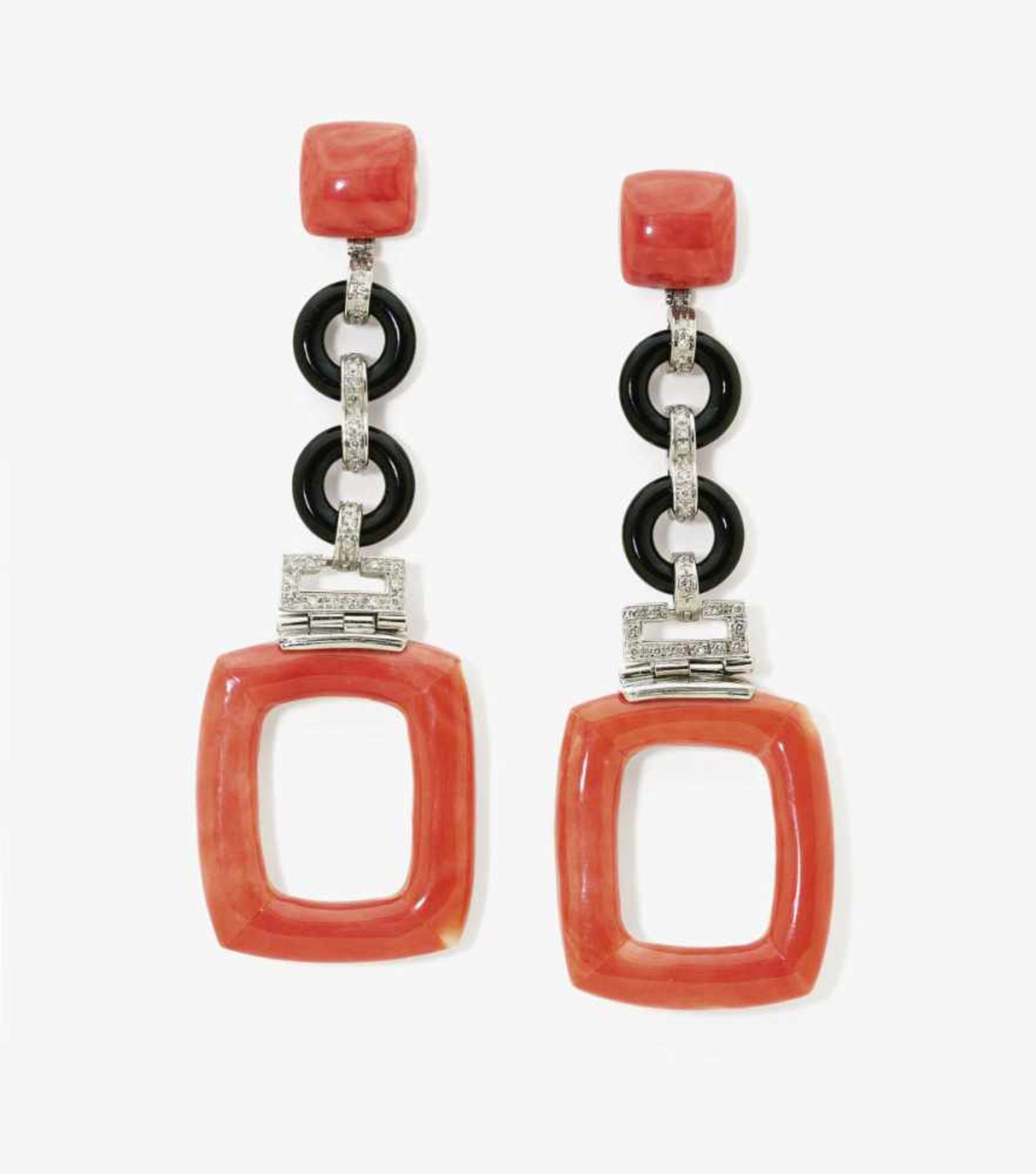 A Pair of Diamond, Coral, Onyx and Mother-of-Pearl Earrings