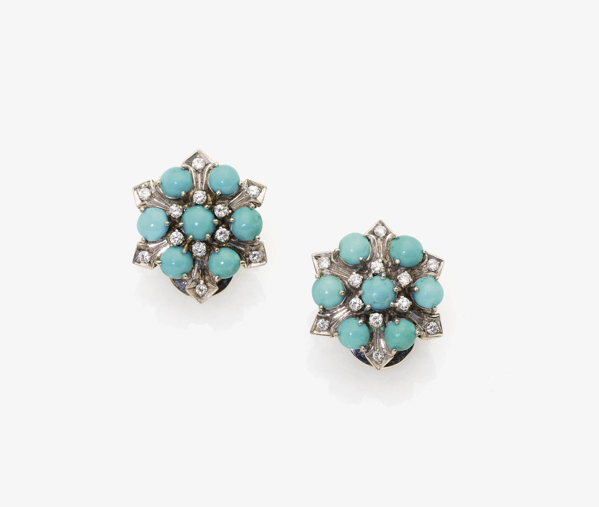 A Pair of Turquoise and Diamond Earrings