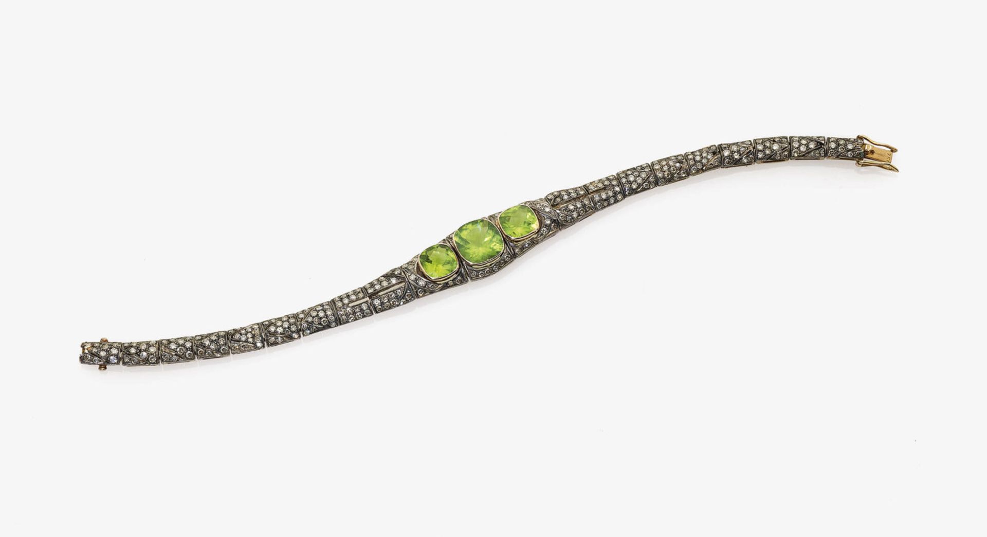 A Diamond and Peridot Gold-Link Bracelet