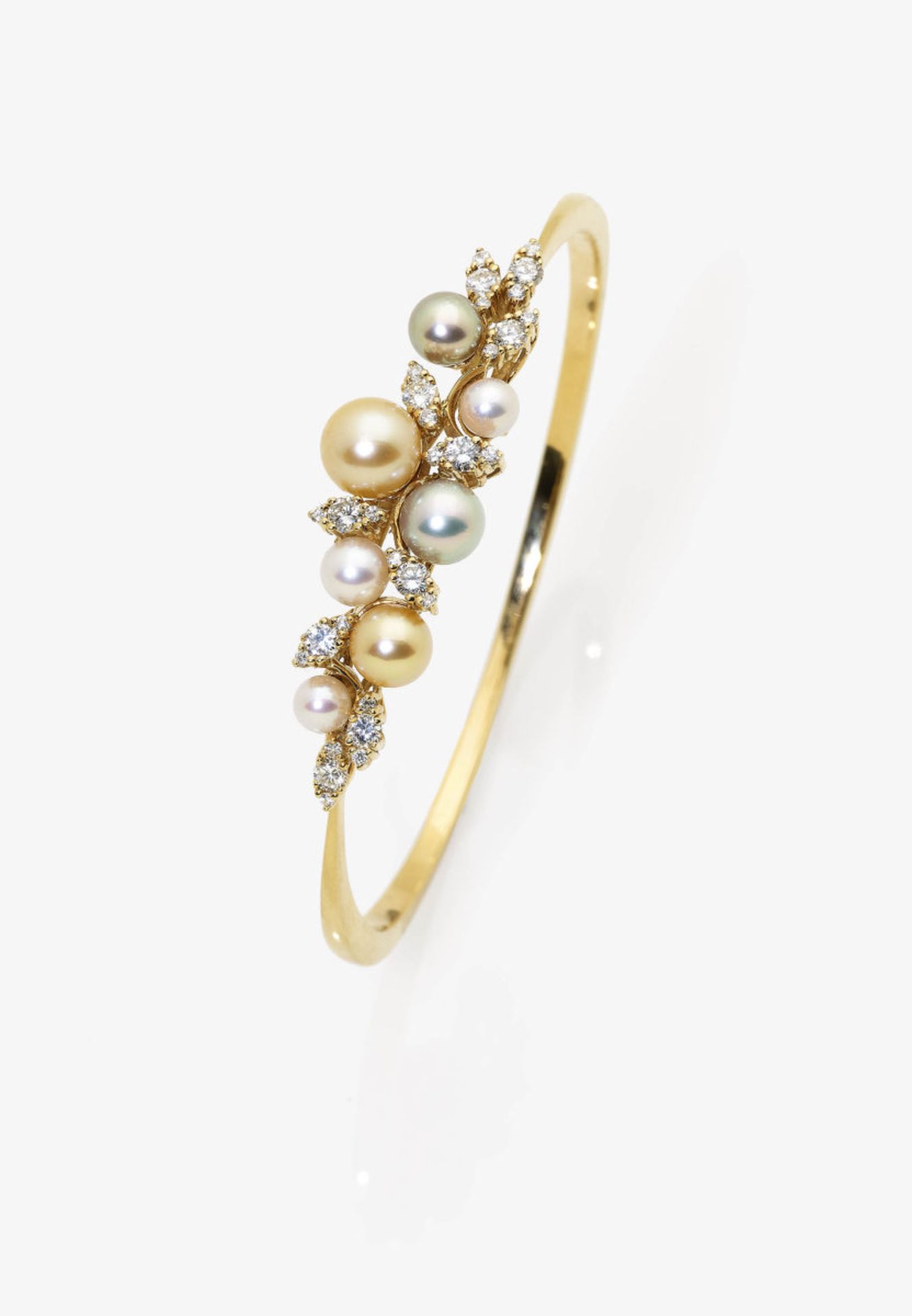 A Vari-Coloured Cultured Pearl and Diamond Bangle