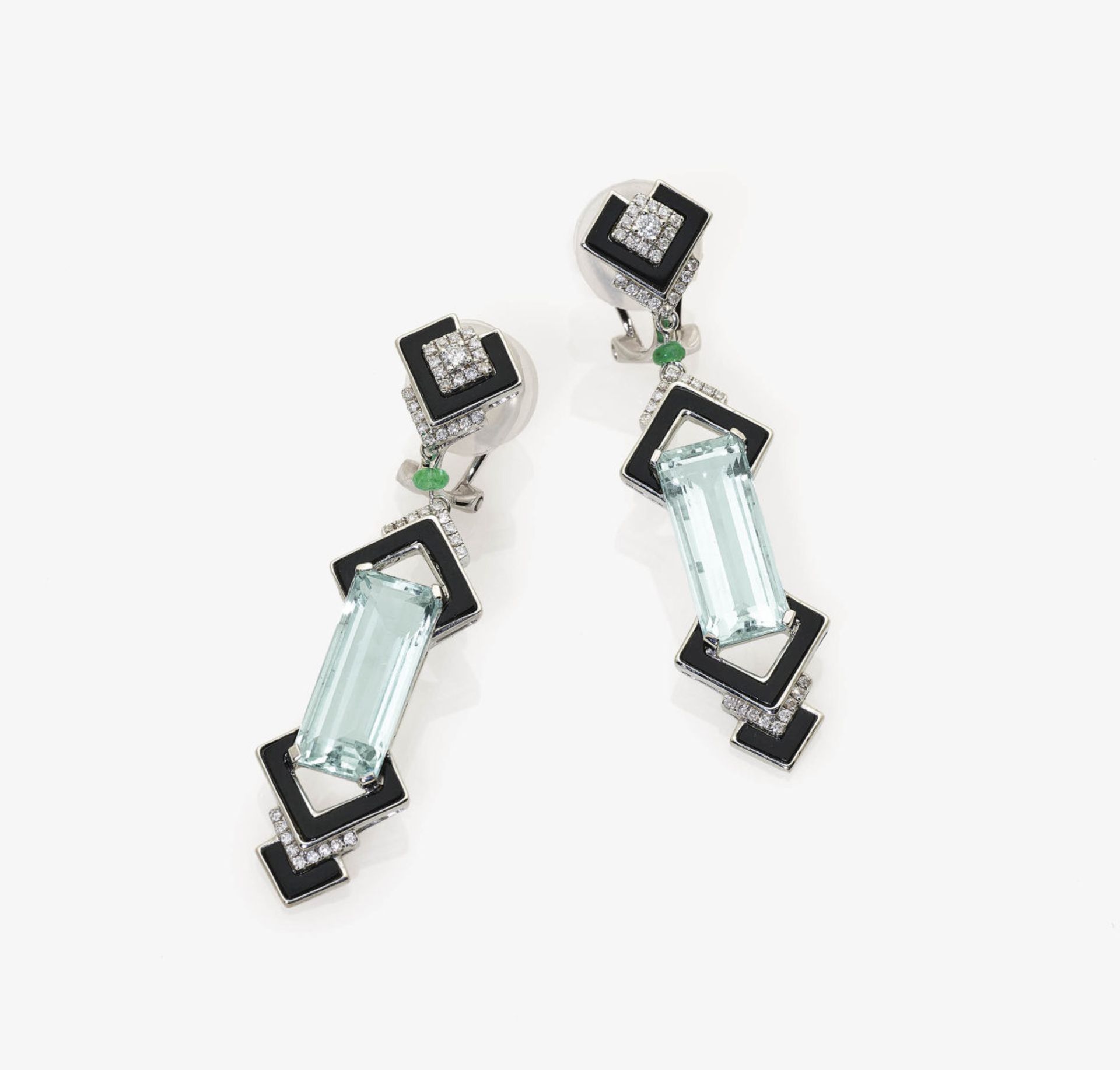 A Pair of Aquamarine, Onyx, Emerald and Diamond Earrings