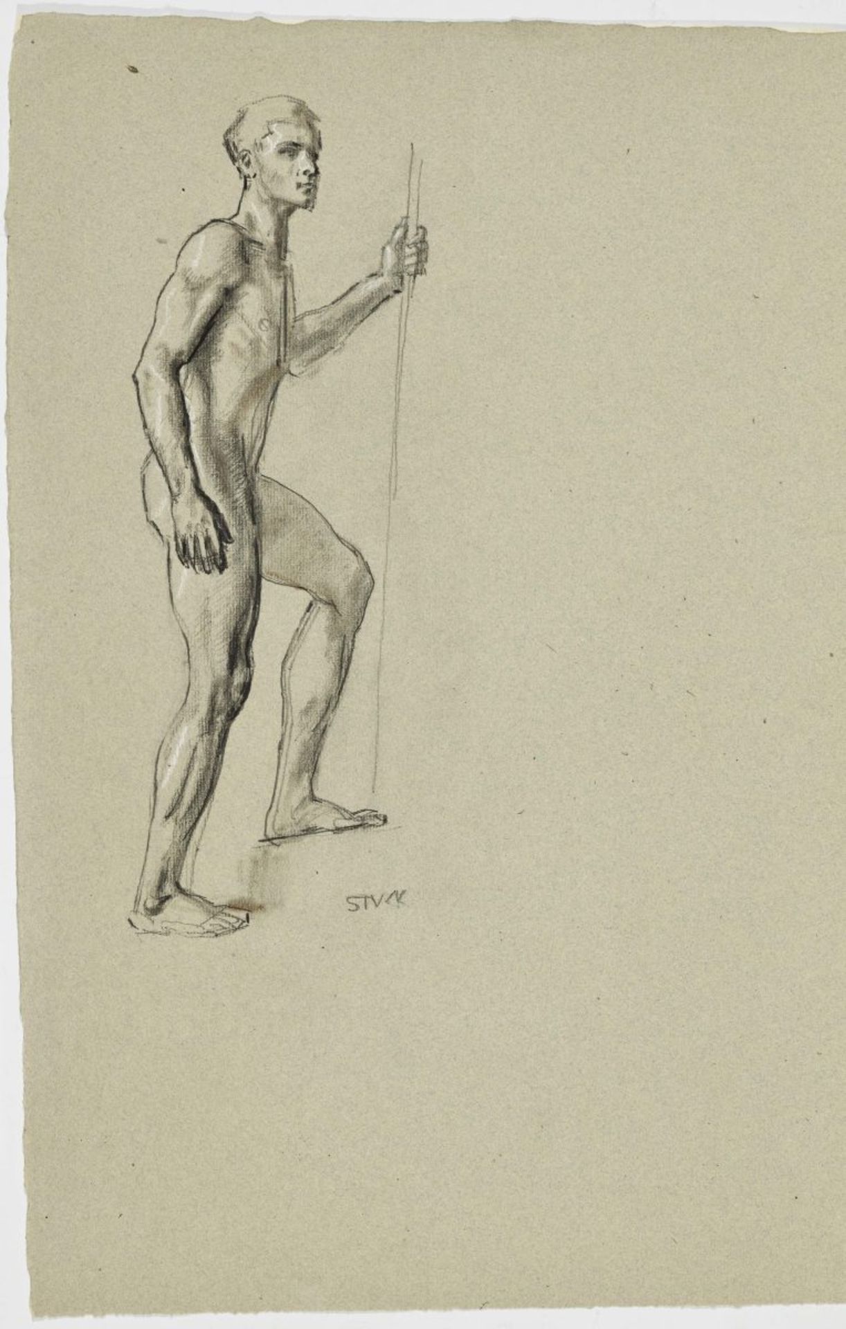 Stuck, Franz von1863 Tettenweis - 1928 MünchenStehender Akt mit Stab. Handstudie. Zwei Zeichnungen