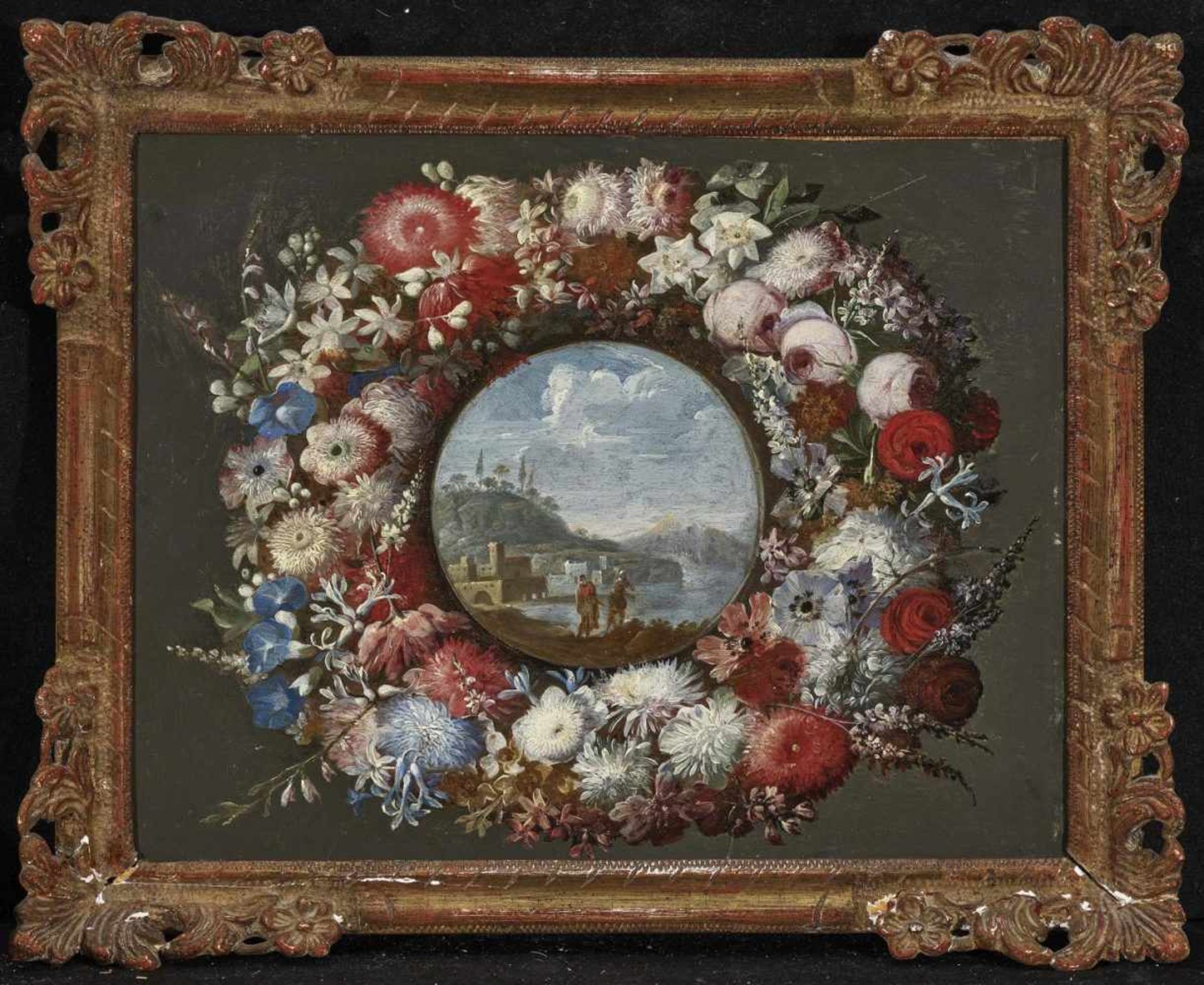 Italien (Neapel)um 1700 Blumenkranz mit Darstellung einer südlichen UferlandschaftÖl auf Kupfer. - Bild 2 aus 2