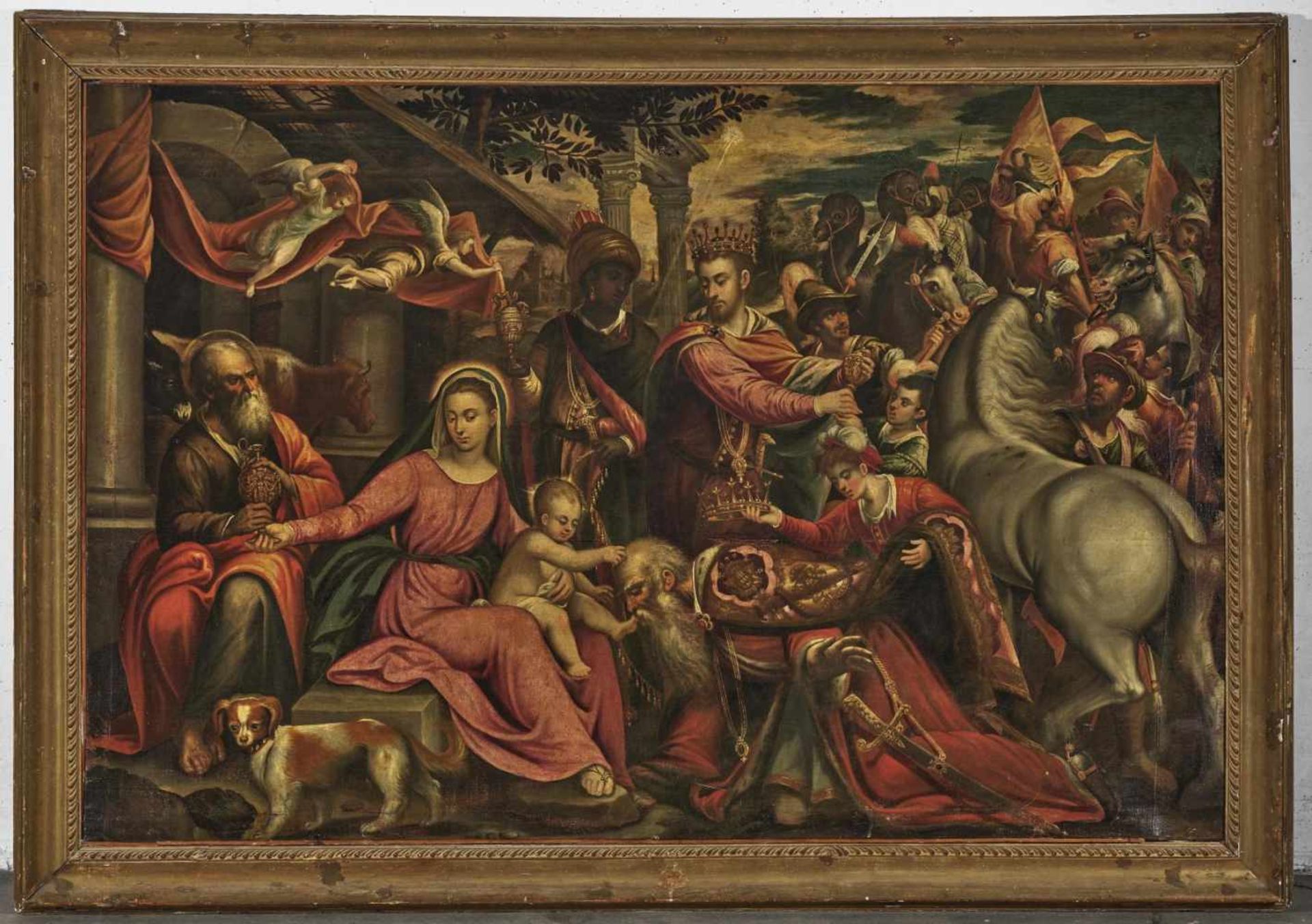 Italo-FlämischMitte 16. Jh. Die Anbetung der KönigeÖl auf Lwd. 138 x 210 cm. Doubliert. Rest. Min. - Bild 2 aus 3