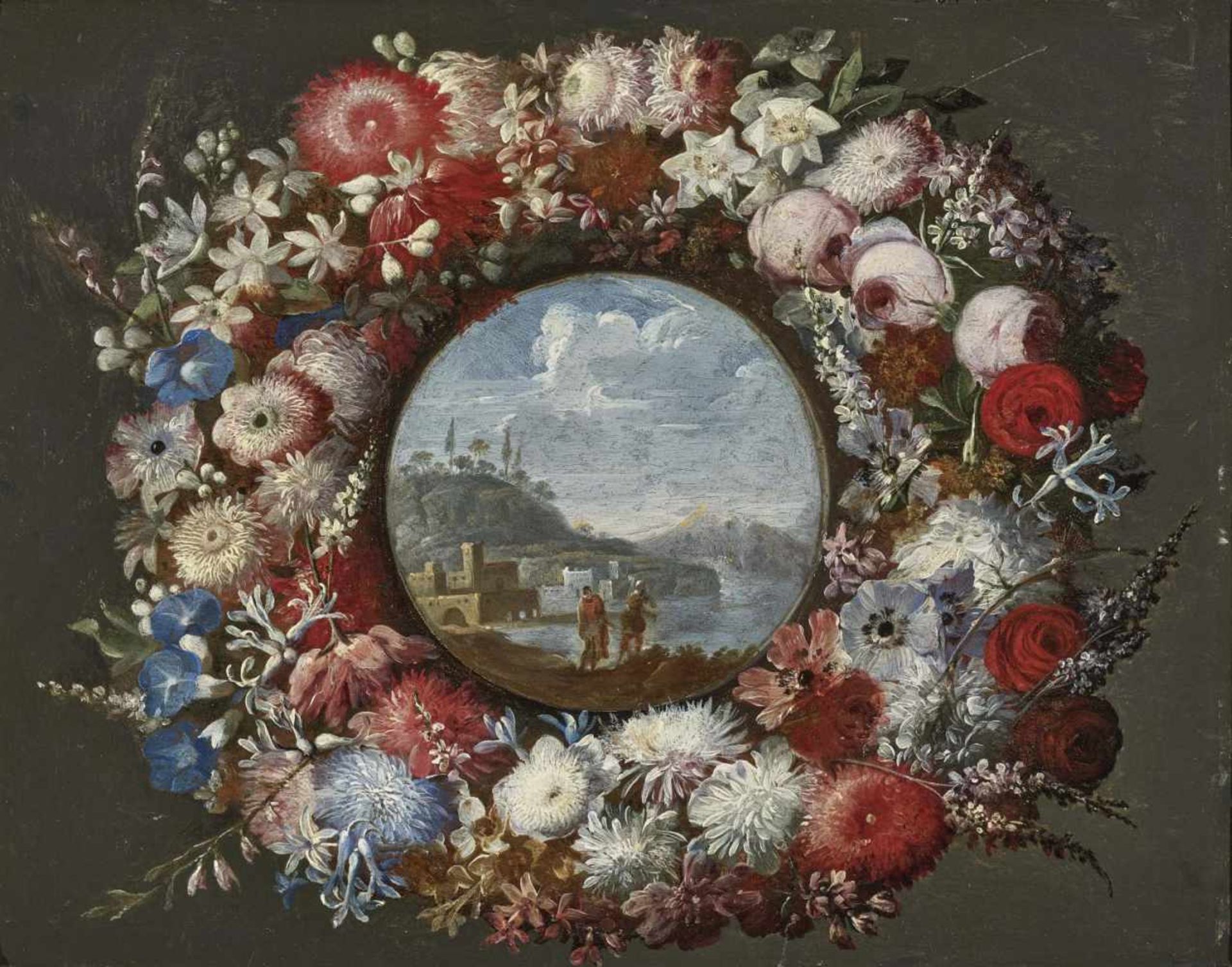 Italien (Neapel)um 1700 Blumenkranz mit Darstellung einer südlichen UferlandschaftÖl auf Kupfer.