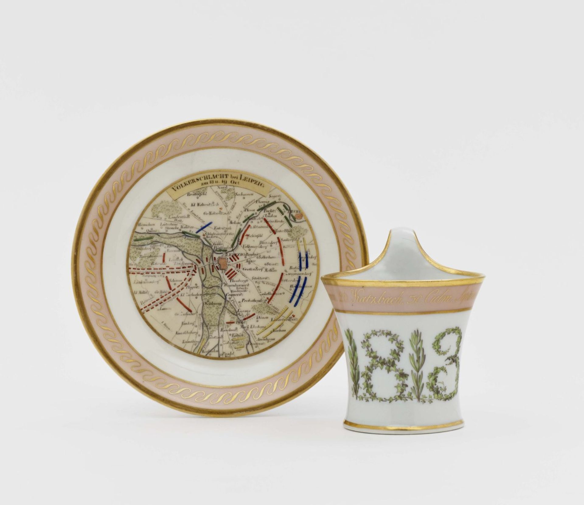 Tasse mit Untertasse zur Erinnerung an die Völkerschlacht bei Leipzig 1813