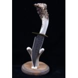 Hand Carved Lion Head Antler Bowie Knife & Stand