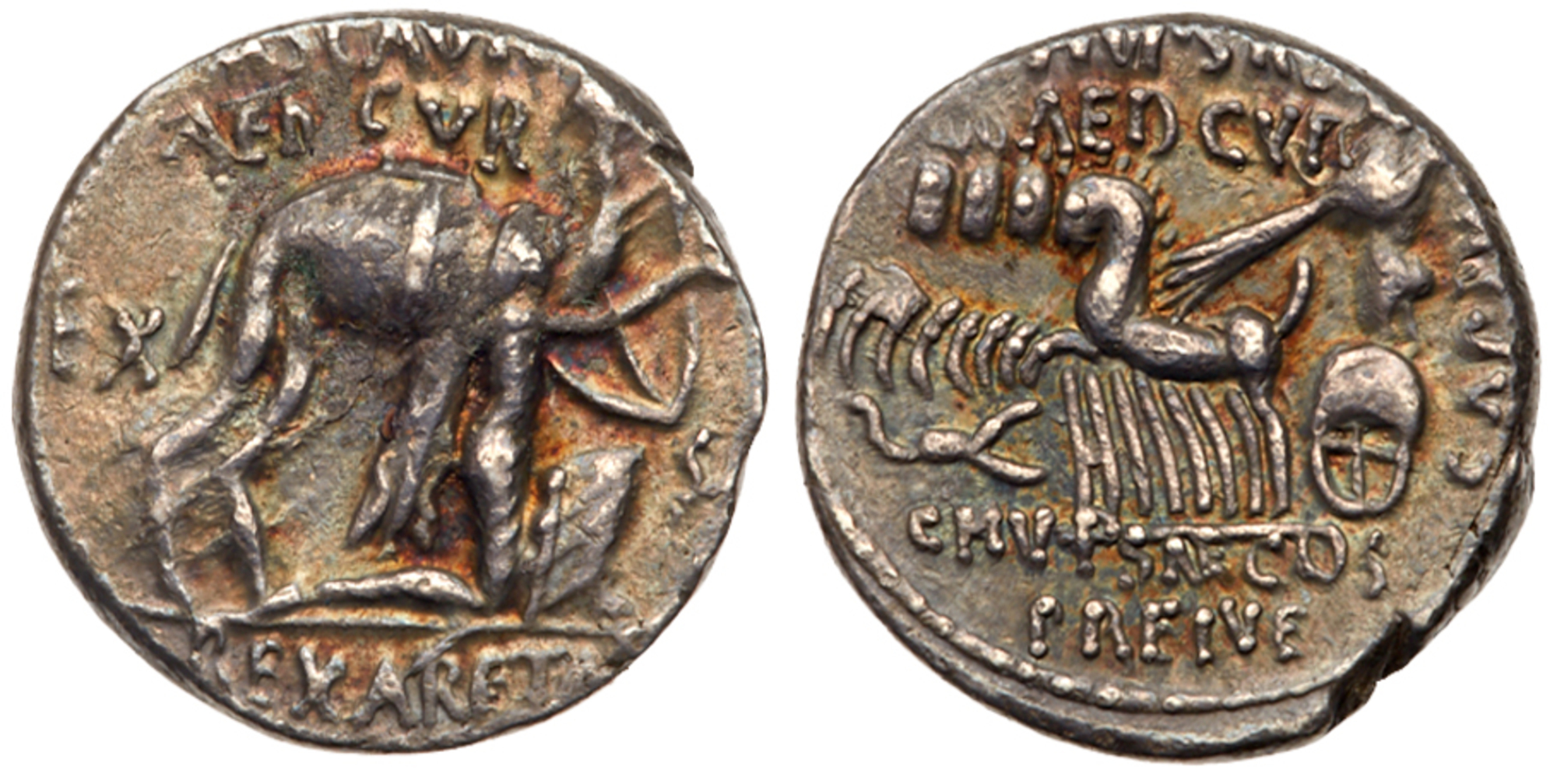 M. Aemilius Scaurus and Pub. Plautius Hypsaeus. Silver Denarius (4.00 g), 58 BC. EF