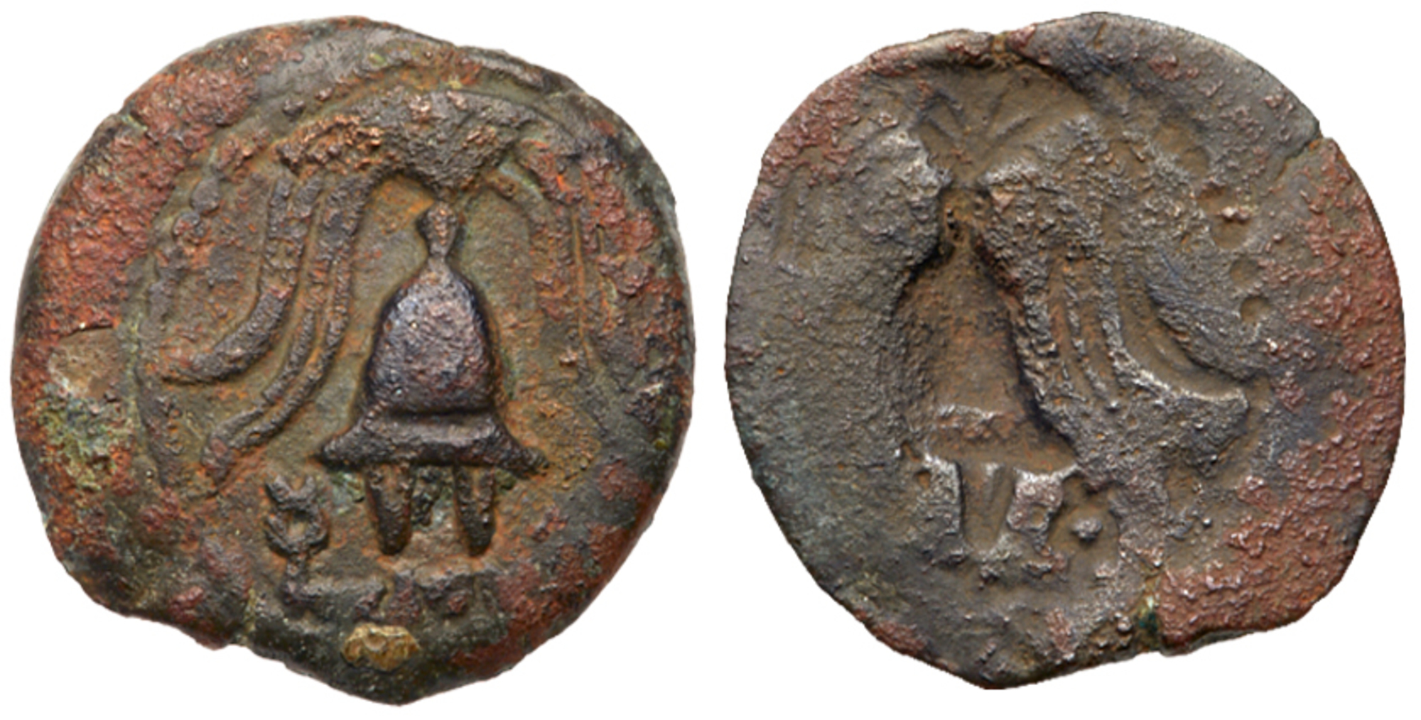 Judaea, Herodian Kingdom. Herod II Archelaus. Ã† Prutah (1.93 g), 4 BCE-6 CE. VF