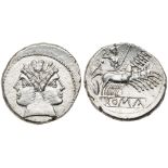 Roman Republic. Anonymous, circa 225-212 BC. Silver Quadrigatus (6.50 g). EF