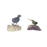 Carved Lavender Jade Songbird and Green Stone Bird