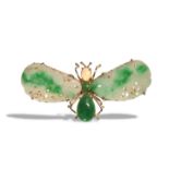 14K Gold, Jade, Jadeite, and Opal "Bee" Pin