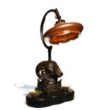 Bronze Ram Lamp with Loetz Glass Shade