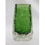 Whitefriars - a Meadow Green glass Coffin form vase, 13cm high