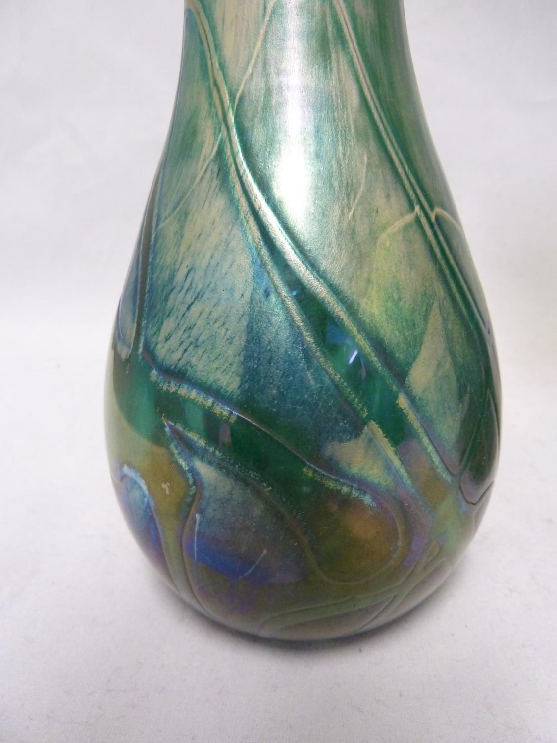 Isle of Wight, possibly Alum Bay - a pair of convolvulus bud form glass vases of nacreous green blue - Image 2 of 7