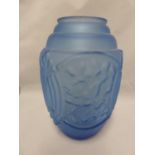 Continental Glass - an Art Deco frosted glass vase, of cornflower blue colour, moulded with floral