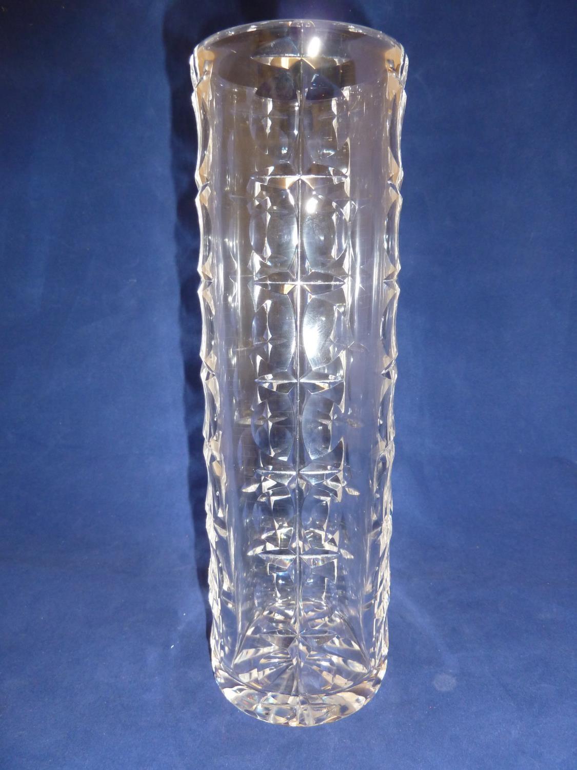 John Luxton for Stuart - a Totem Pole vase, in colourless glass, of cylindrical shape, cut with