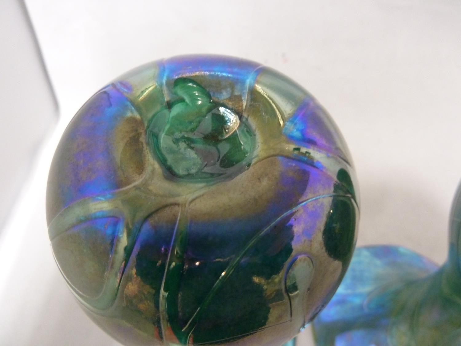 Isle of Wight, possibly Alum Bay - a pair of convolvulus bud form glass vases of nacreous green blue - Image 5 of 7