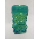 Mdina glass - a Bark vase, of small size, of square section base and circular top, blue/green