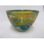 Mdina glass - a Rosenthal bowl, of blue swirls on a sand graduating to white coloured ground, hand