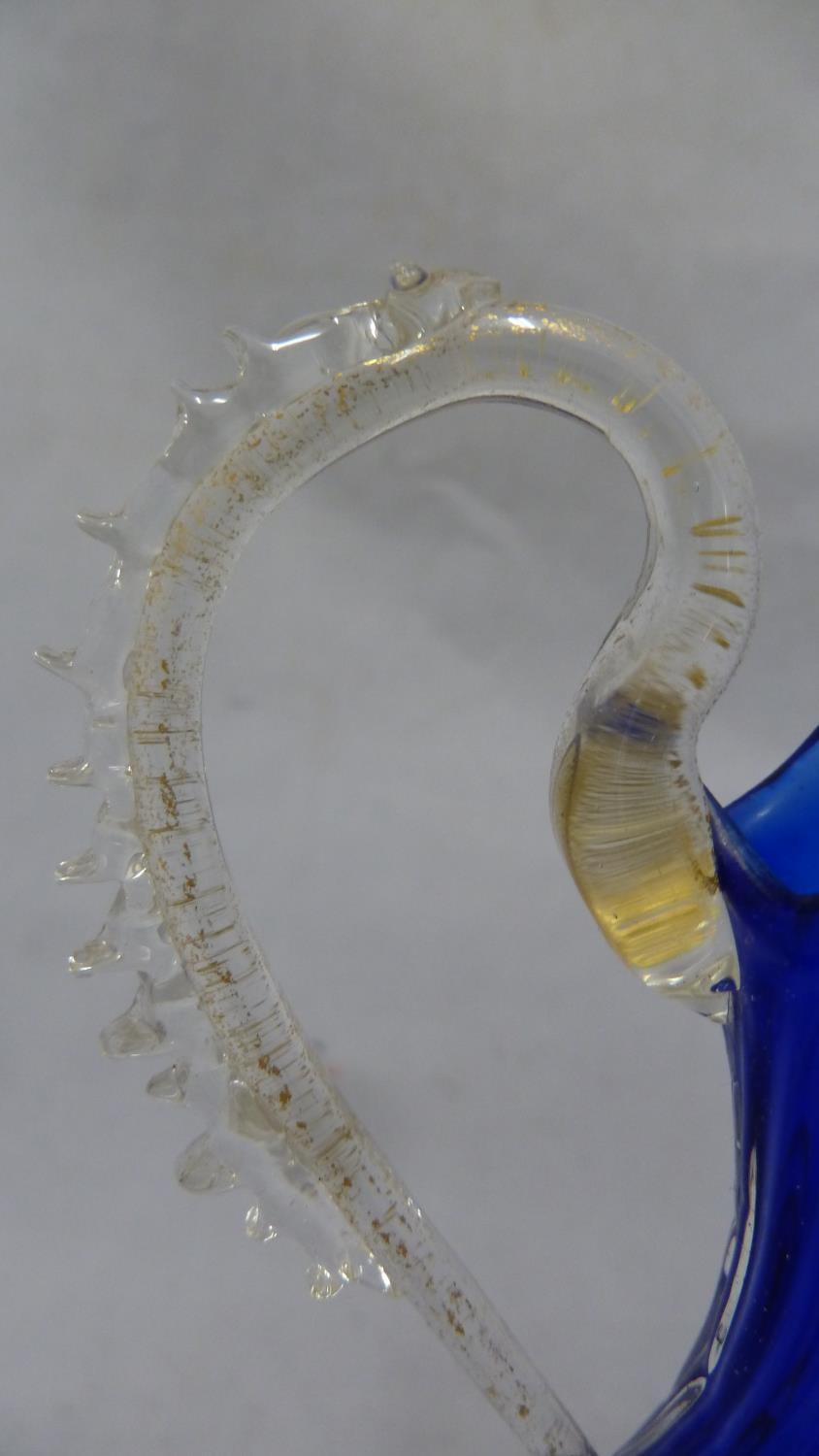 Murano glass - a dolphin form jug, the body of cobalt blue with aventurine gold fins and details, - Image 3 of 5