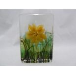 Timothy Harris for Isle of Wight Glass- a solid glass block with internal design of a yellow flower,