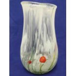 Siddy Langley - a Celedon Spring glass vase, of folded bulbous form with stems and yellow and red