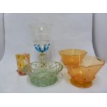 Murano Glass - five items, comprising: a goblet applied with bright blue teardrops and jewels on a