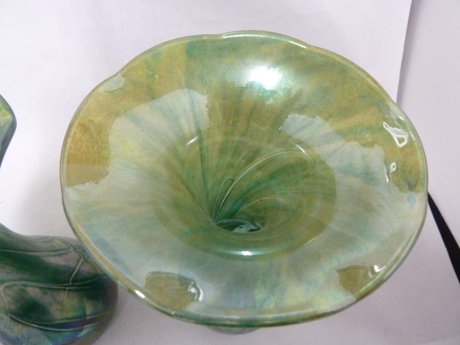 Isle of Wight, possibly Alum Bay - a pair of convolvulus bud form glass vases of nacreous green blue - Image 7 of 7
