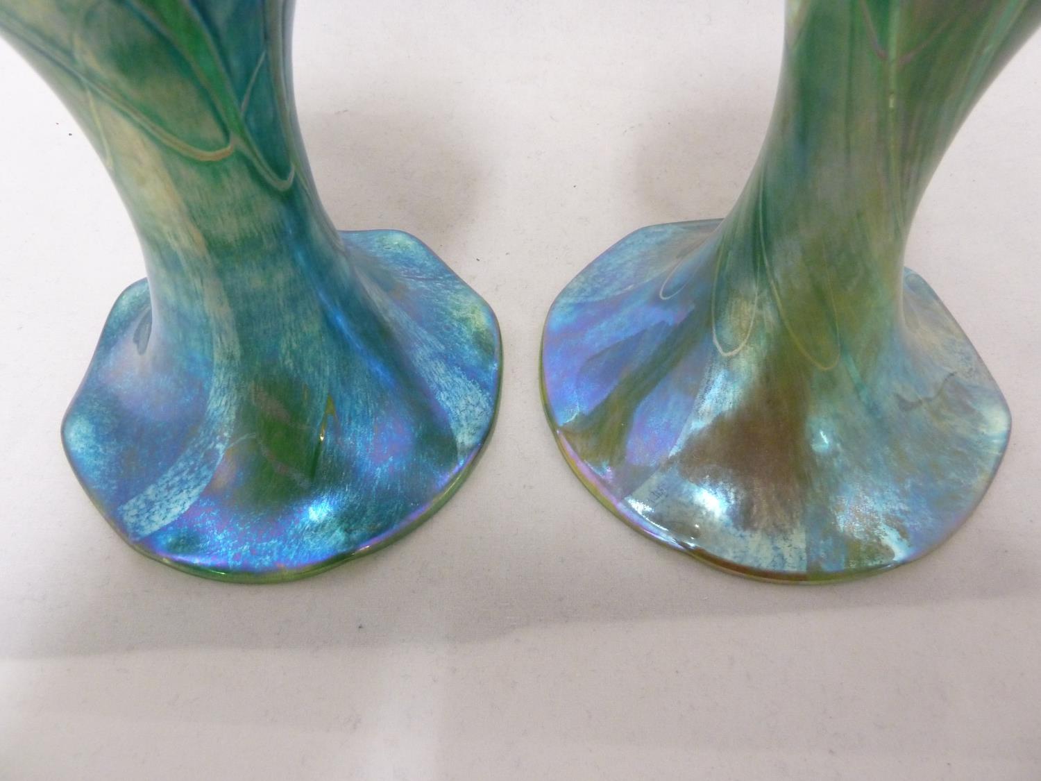 Isle of Wight, possibly Alum Bay - a pair of convolvulus bud form glass vases of nacreous green blue - Image 3 of 7